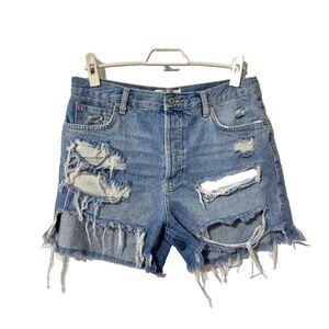 We The Free Womens Maggie Jean Shorts High Rise Blue 29 Distressed Raw Hem Comfy